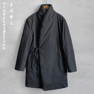 秋冬复古棉麻夹棉男士汉服款棉服青年中式潮流中长款高领黑色棉袍