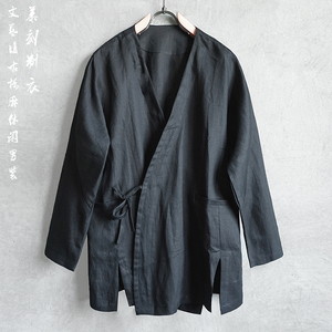春夏季男士亚麻汉服上衣中式复古潮流道袍文艺宽松薄外套纯色麻料