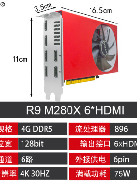 R9280 4G 6HDMI多屏显卡 炒股分屏投影大屏监控扩展拼接 独立供电
