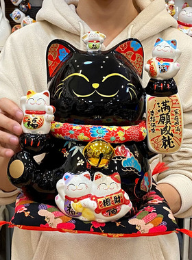 金石工坊12寸黑色招财猫大号满愿成就黑猫存钱罐开业礼品家居摆件