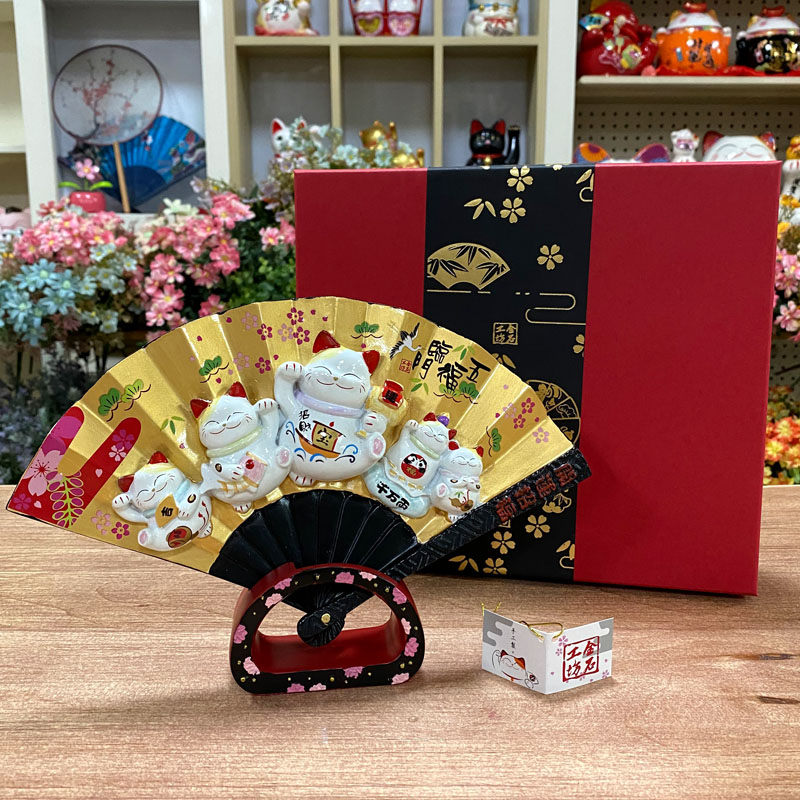金石工坊扇子招财猫装饰摆件礼品