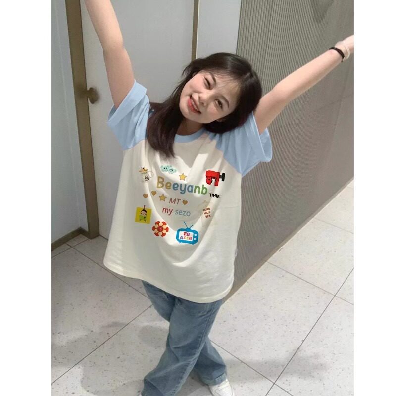 学生纯棉撞色插肩短袖T恤女大童夏季新款初中高中生宽松百搭上衣