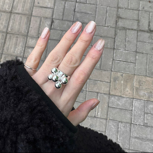 925纯银小银珠铃铛花戒指女个性小众设计时尚百搭亮银饰品开口