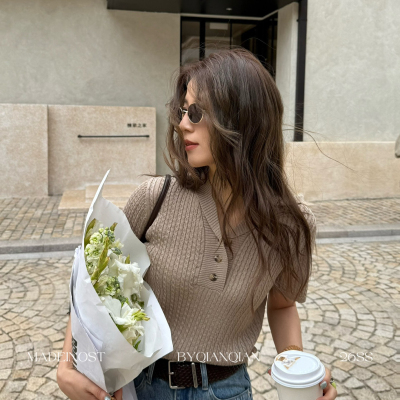 MADEIN OST-26年早春35天丝极简老钱青果领针织短袖T恤S8933