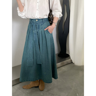 江左 韩系简约休闲A字半身裙女26春夏半裙系带长款裙子牛仔裙6517