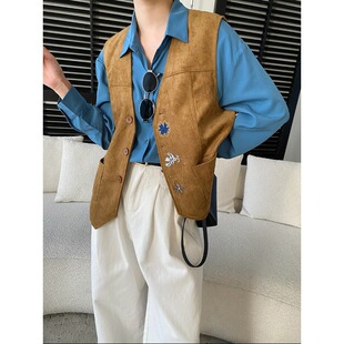 南法腔调复古时髦刺绣麂皮绒马甲外套叠穿 SN8580 早春新款 司南