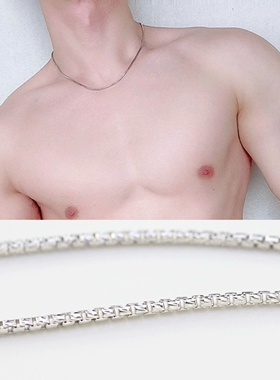 进口925纯银镀白金色超闪亮男士粗款锁骨项链嘻哈百搭潮简约款