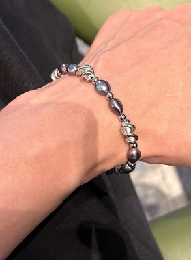 男士天然珍珠手链巴洛克大溪地色黑色深色系钛钢延长链款精工重工