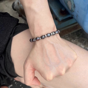 男士女天然珍珠手链黑色彩黑炫彩深色925纯银扣9mm巴洛克精挑优质