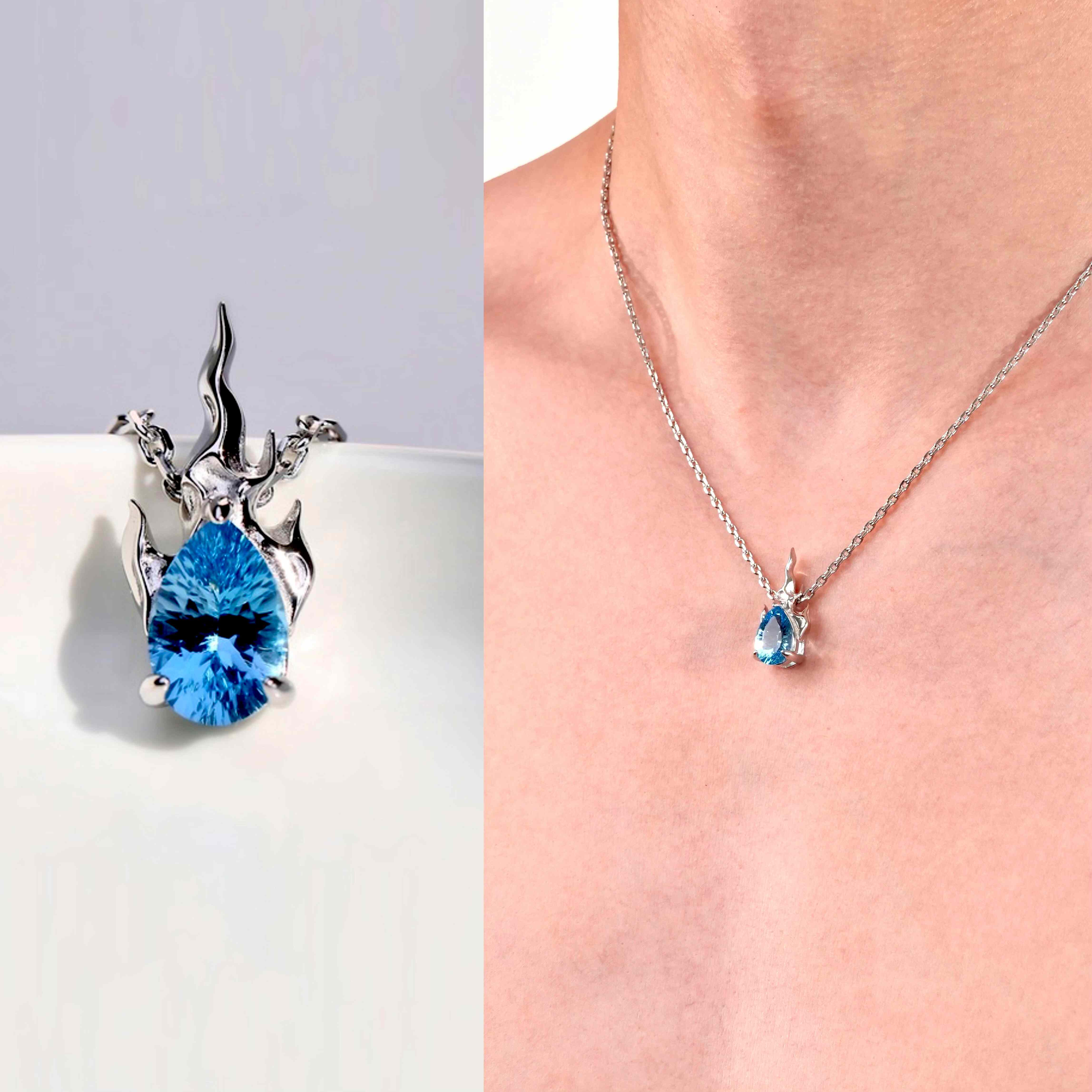 男士女海洋之心火焰水滴天然瑞士蓝千禧托帕石吊坠项链925纯银链