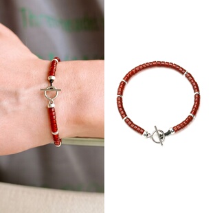 男女天然红玛瑙细款手链925银叠戴精致高级本命年新年礼物新中式