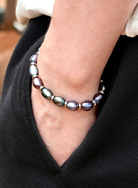 男士天然珍珠手链巴洛克大溪地色黑色孔雀绿混彩珍珠手串大颗轻奢