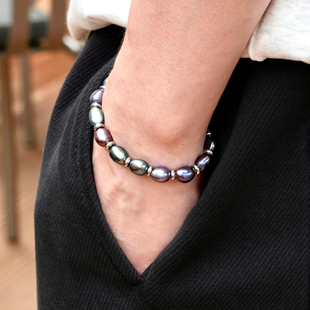 男士天然珍珠手链巴洛克大溪地色黑色孔雀绿混彩珍珠手串大颗轻奢