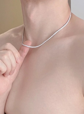 男女925纯银锆石镶钻满钻防钻镶钻网球项链超闪夜店嘻哈潮酷