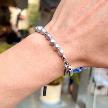 男士天然巴洛克珍珠手链大溪地色黑色深色真多麻铂金灰延长链款