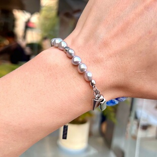 男士天然巴洛克珍珠手链大溪地色黑色深色真多麻铂金灰延长链款