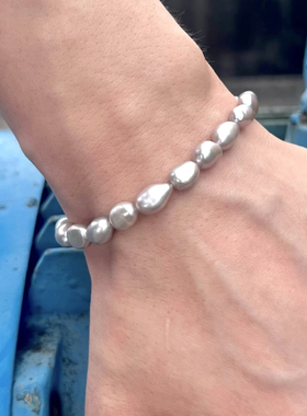 男女天然淡水珍珠手链手串巴洛克随形异行不规则长形黑灰色纯银扣