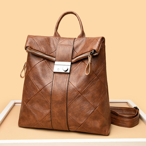 威森袋鼠女软皮大容量防盗双肩包