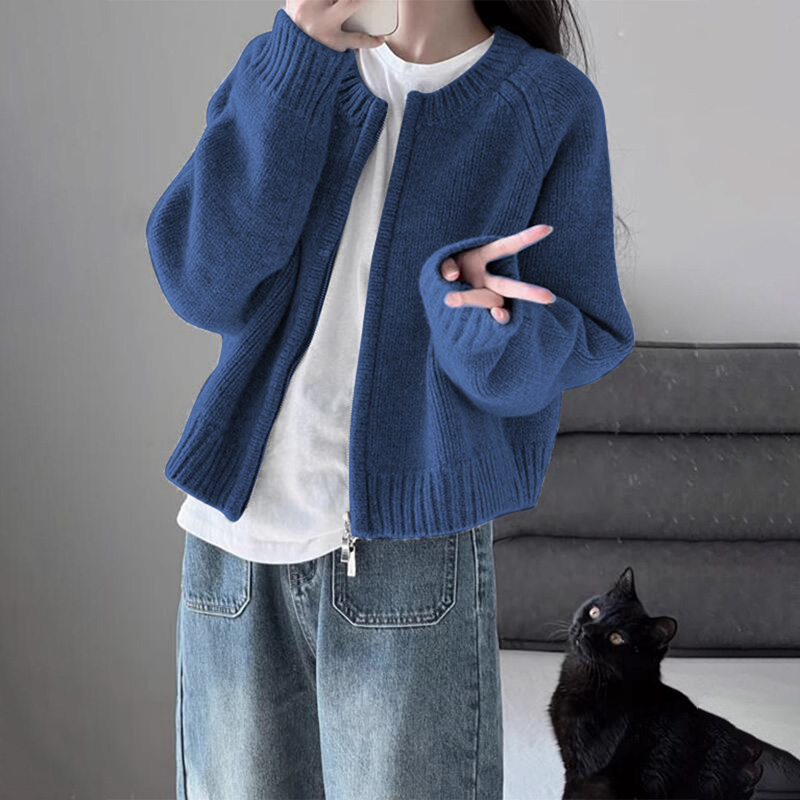 蓝色毛衣外套女韩系早秋
