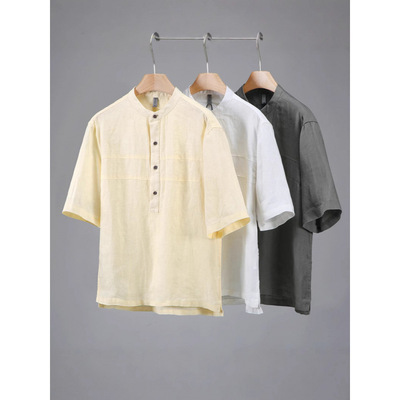 士纯亚麻短袖衬衣立领休闲宽松