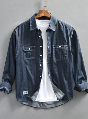 牛仔衬衫男士春秋季新款宽松港风深蓝长袖衬衣休闲棉质外套潮Z972