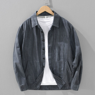 高级感男士 2423 纯色亚麻翻领夹克春秋休闲百搭棉麻布料外套男装