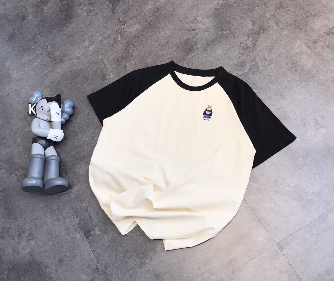 春夏新款韩版宽松显瘦圆领短袖男女休闲上衣小熊刺绣拼色短袖T恤