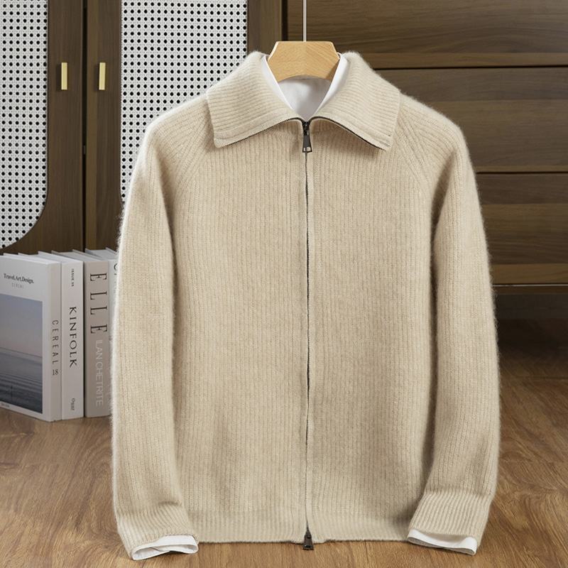 秋冬季35%羊绒休闲商务百搭7针加厚元宝针翻领开衫男装