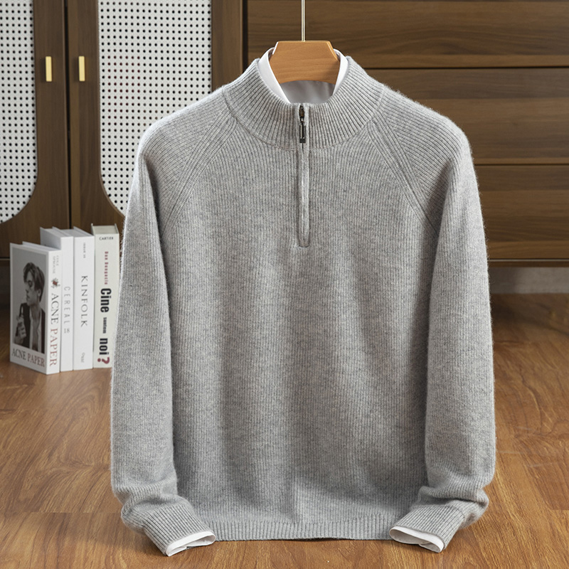 双股加厚100%纯羊毛男半高拉链秋冬季套头宽松打底针织衫长袖毛衣