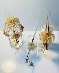 掐丝菊花钻饰珊瑚珠发簪花球团花流苏梅花竹叶古风和风花嫁头饰