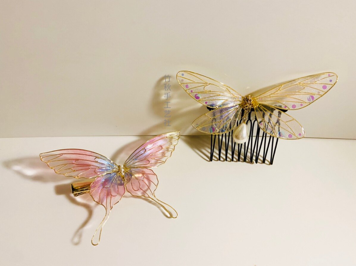 手工造花液树脂渐变蝴蝶发簪发夹汉服日常古风和风舞台表演头饰