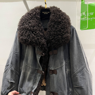羊卷毛皮毛一体羽绒服女冬季90白鹅绒做旧牛仔短款派克鹅绒服外套