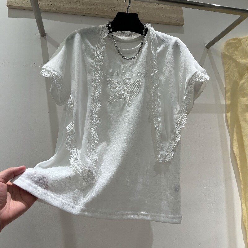 重工刺绣蕾丝披肩短袖T恤女图片