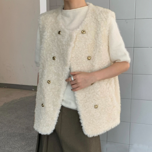 欧货高端复古双排扣仿羊羔毛无袖坎肩马甲外套女冬季时髦皮毛一体