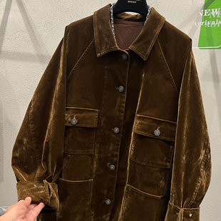 欧货高端复古翻领单排扣工装植绒牛仔外套女秋冬显瘦宽松夹克上衣