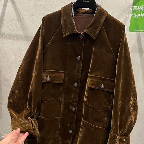 复古翻领单排扣工装植绒牛仔外套