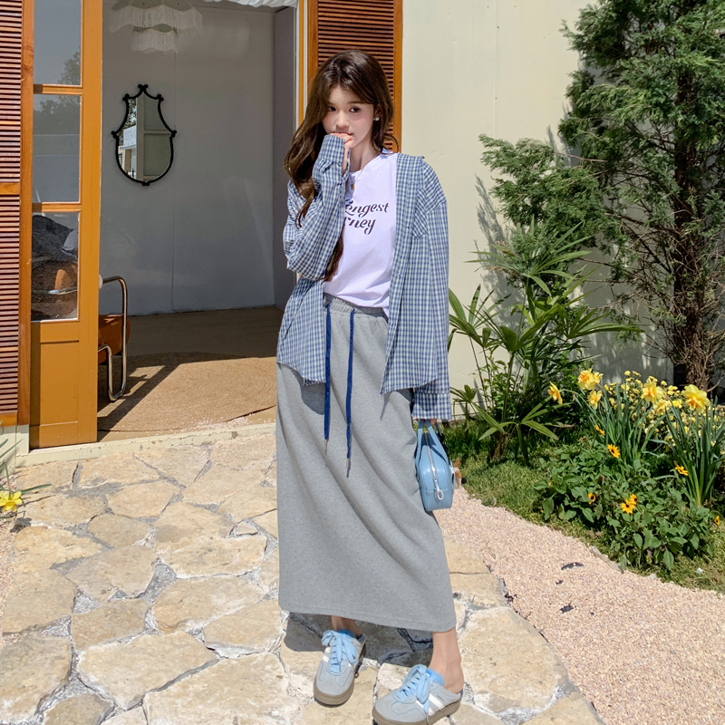 慵懒风穿搭套装2025夏季宽松格子衬衫女背心显瘦休闲半身裙三件套