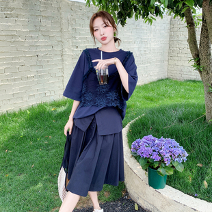 2025夏季 设计感减龄蕾丝拼接假两件上衣半身裙休闲两件套 新款 韩版
