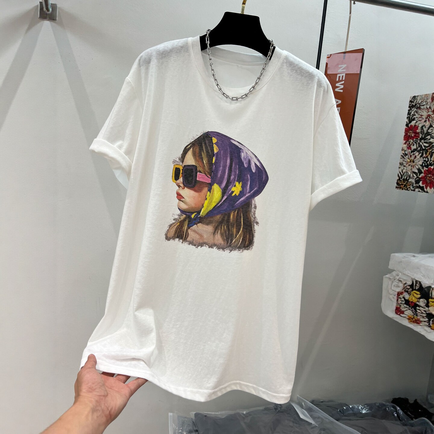欧韩高端眼镜女孩印花白色短袖T恤女夏季薄款透气松弛感休闲上衣