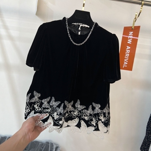 重工下摆刺绣镂空烫钻蝴蝶丝绒短袖衬衫女夏薄款洋气减龄小衫上衣