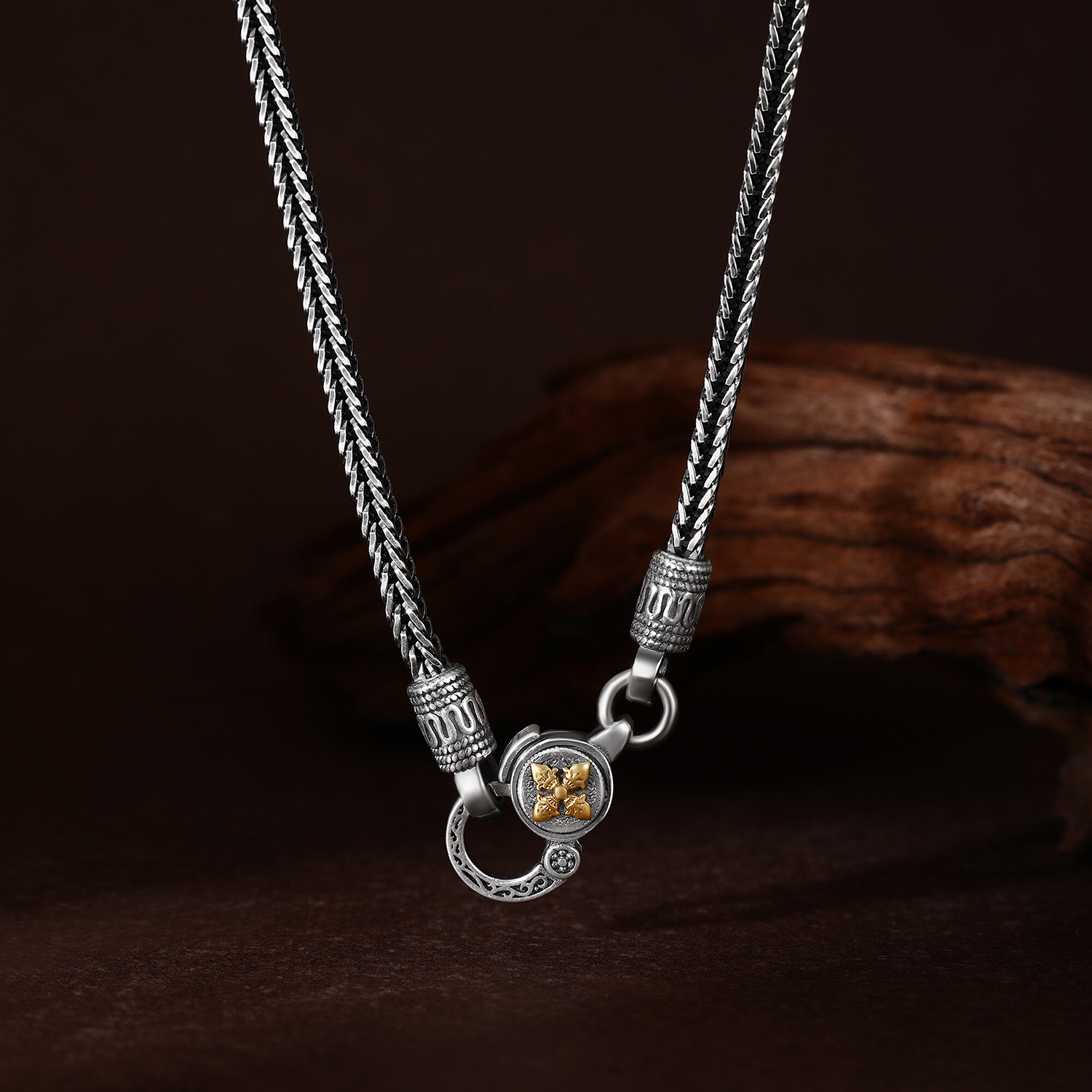 纯银复古十字降魔杵麻花链男项链