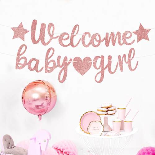 迎婴派对baby shower拉旗welcome baby girl boy金粉字母横幅串旗