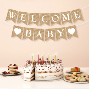 棕色纹理彩旗welcome baby迎婴派对场地装饰燕尾拉旗横幅欢迎宝宝