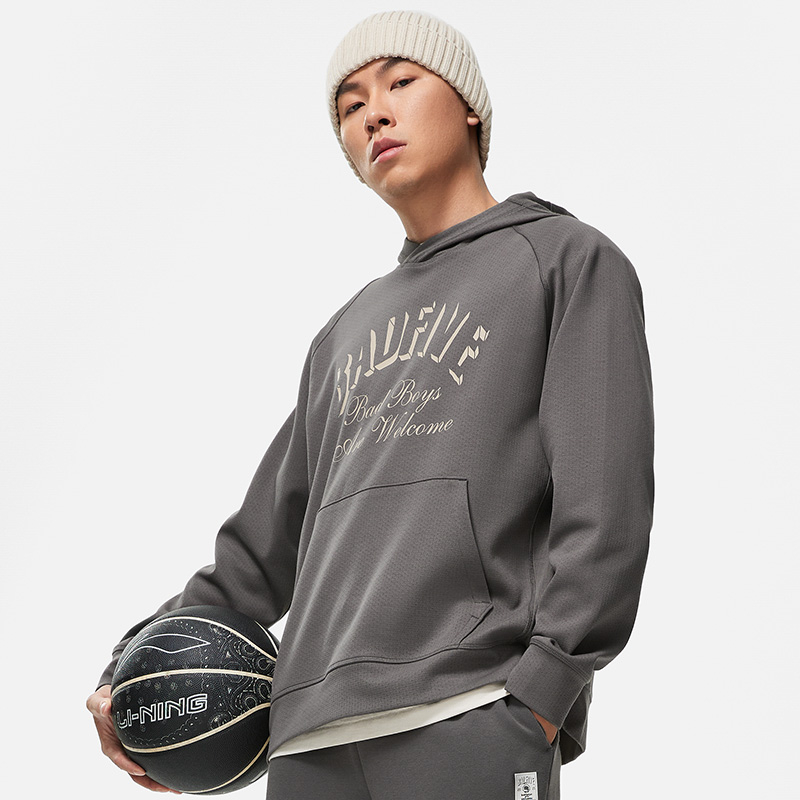 李宁卫衣男子秋冬反伍系列连帽宽松透气运动服套头衫AWDT887-B品