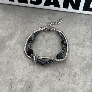 黑胆石缠绕串珠手链男女轻奢小众高级感情侣款手饰雪花石饰品潮品