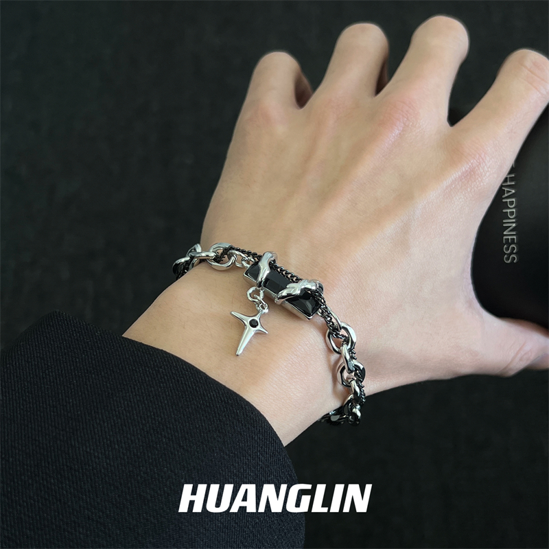 缠绕黑宝石星芒手链男冷淡风重金属钛钢不掉色嘻哈暗系酷个性手饰