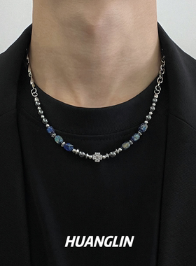 复古天然蓝石串珠金属链锁骨链
