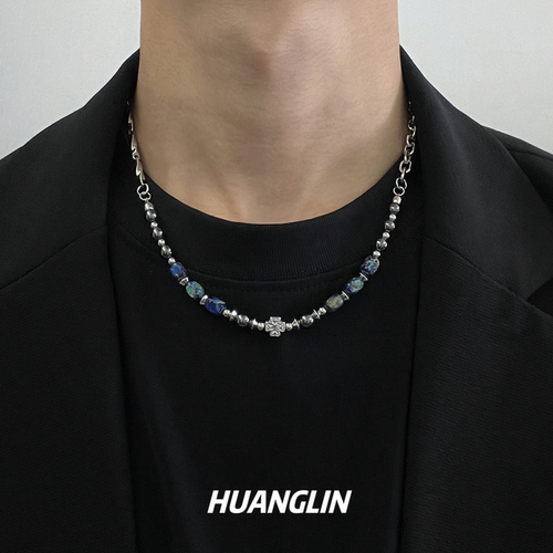 复古天然蓝石串珠金属链锁骨链