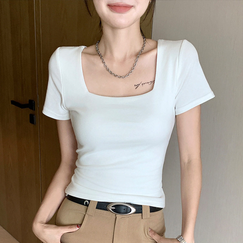 方领正肩短袖T恤女士春夏季新款纯欲辣妹修身白色内搭打底衫上衣