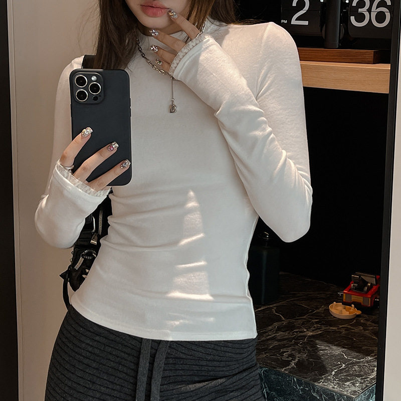 小圆领纯色花边袖口打底衫女士内搭秋冬修身百搭高级感可外穿上衣